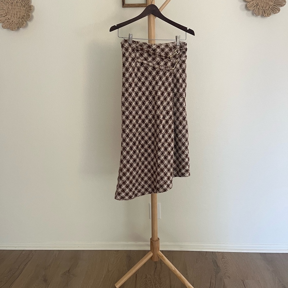 Uterque Asymmetrical A-line Midi Skirt in Brown and Cream